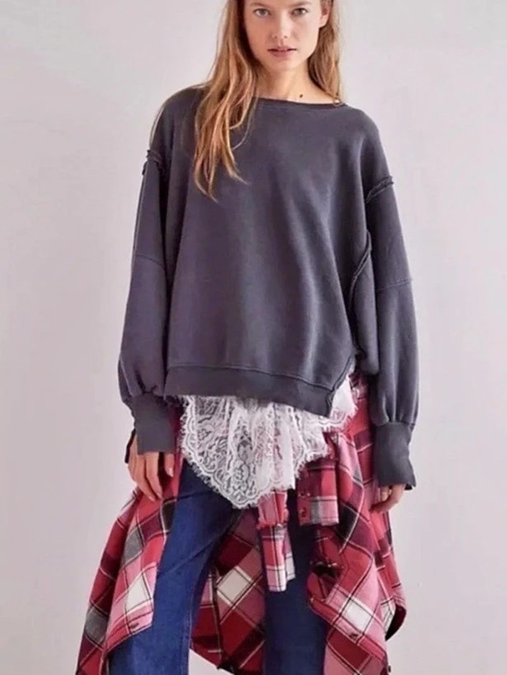 Free People We The Free Camden Pullover Oversized Charcoal Grey Sweatshirt L - Picture 8 of 8